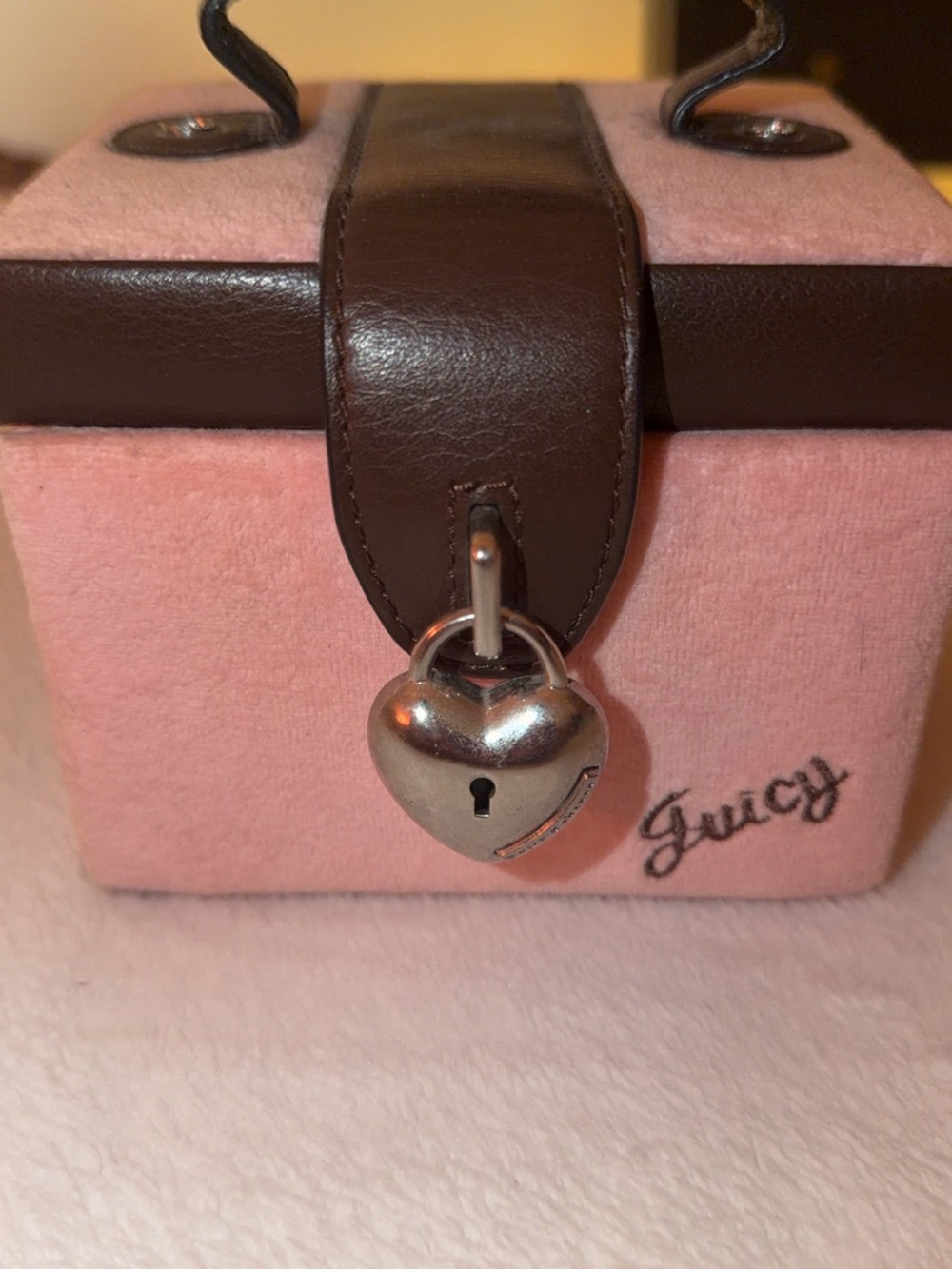 Vintage Juicy Couture Pink Velvet Jewelry Case with Brown Trim and Heart Padlock